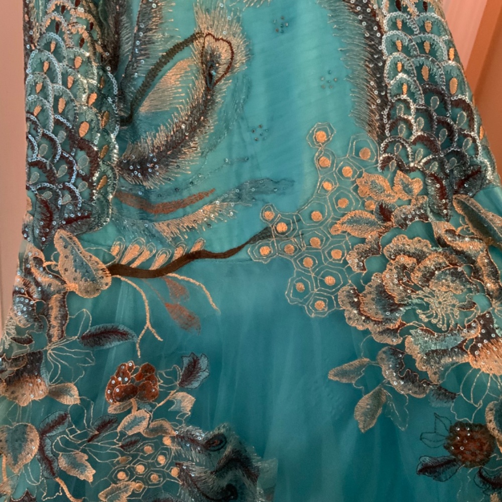 Turquoise and brown peacock prom dress . - Picture 15 of 15